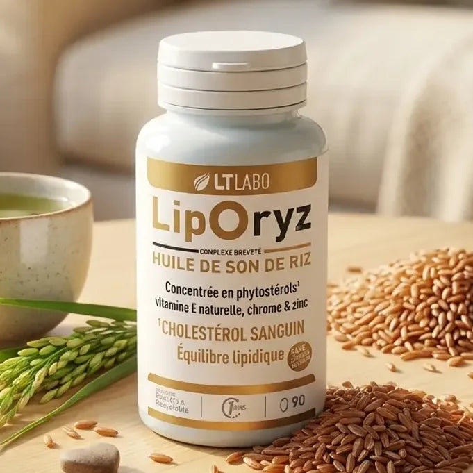 Liporyz 90 capsules huile son riz régule cholestérol LT Labo sur table bois