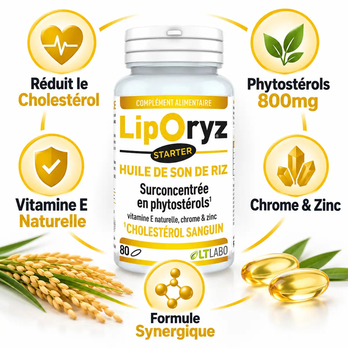 Liporyz Starter 80 capsules - Supplément cholestérol phytostérols vitamine E chrome zinc LT Labo