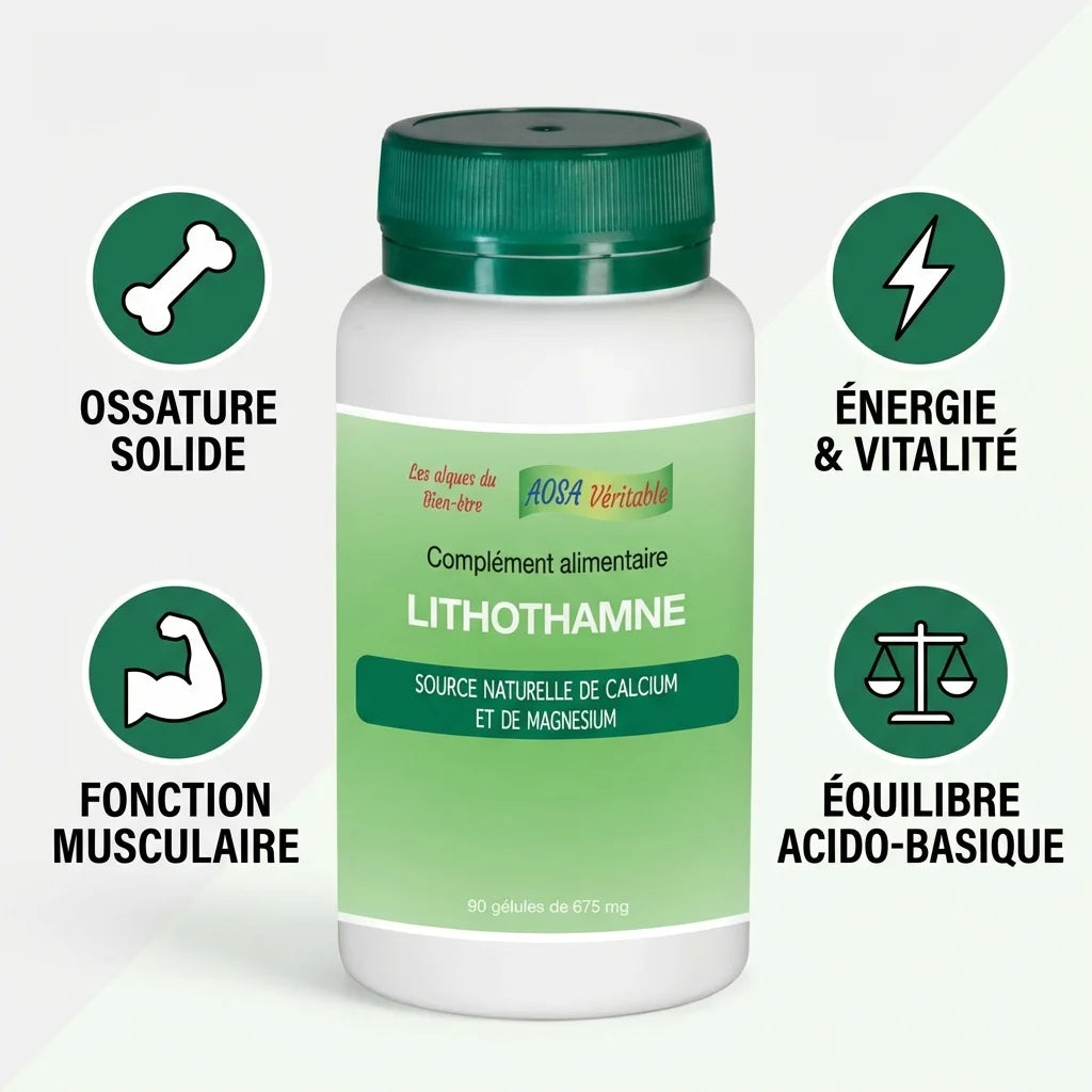 Lithothamne Aosa 90 gélules avec bénéfices : ossature, énergie, muscles, équilibre acido-basique