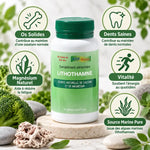 Lithothamne Aosa 90 gélules avec icônes bénéfices: os solides, dents saines, vitalité et magnésium naturel