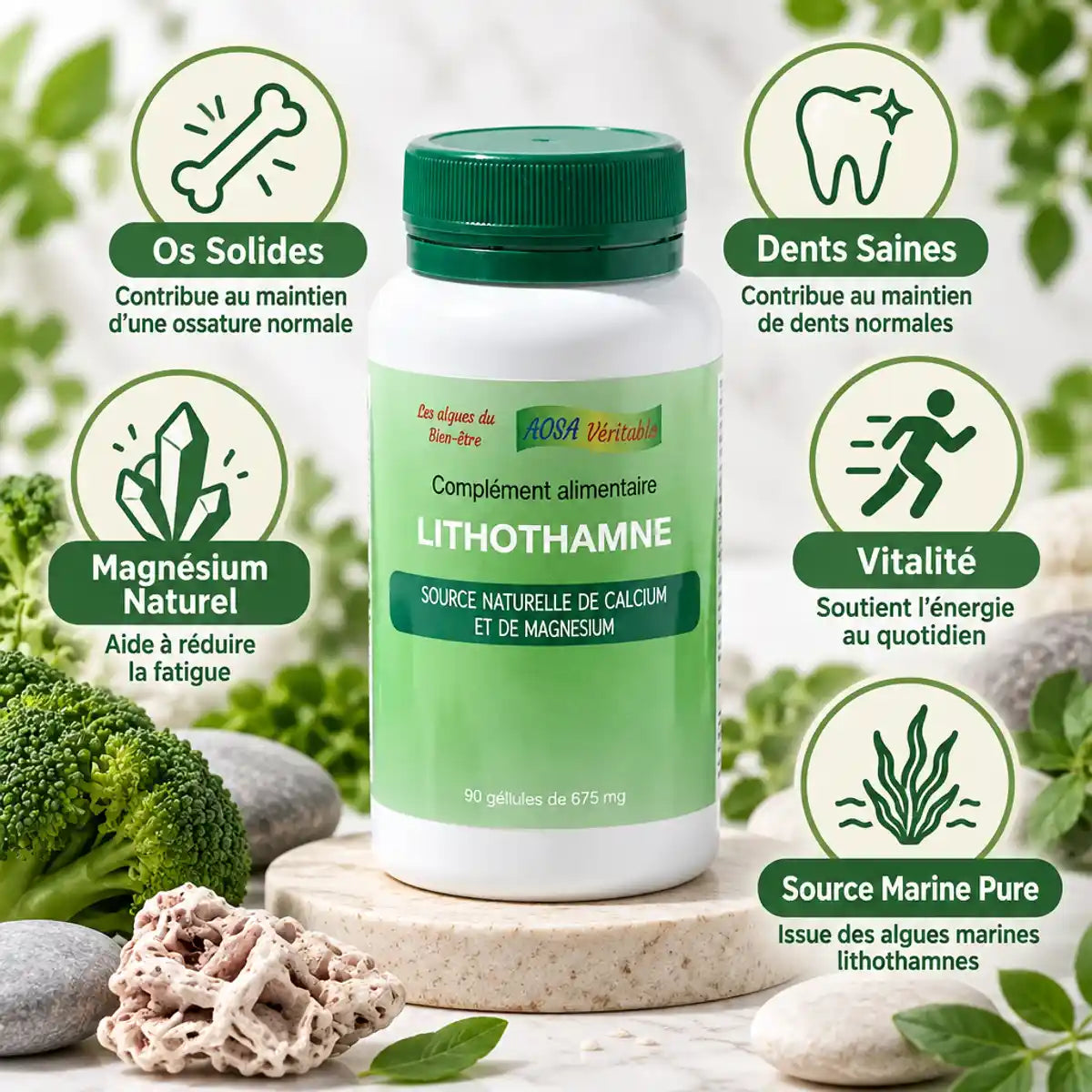 Lithothamne Aosa 90 gélules avec icônes bénéfices: os solides, dents saines, vitalité et magnésium naturel