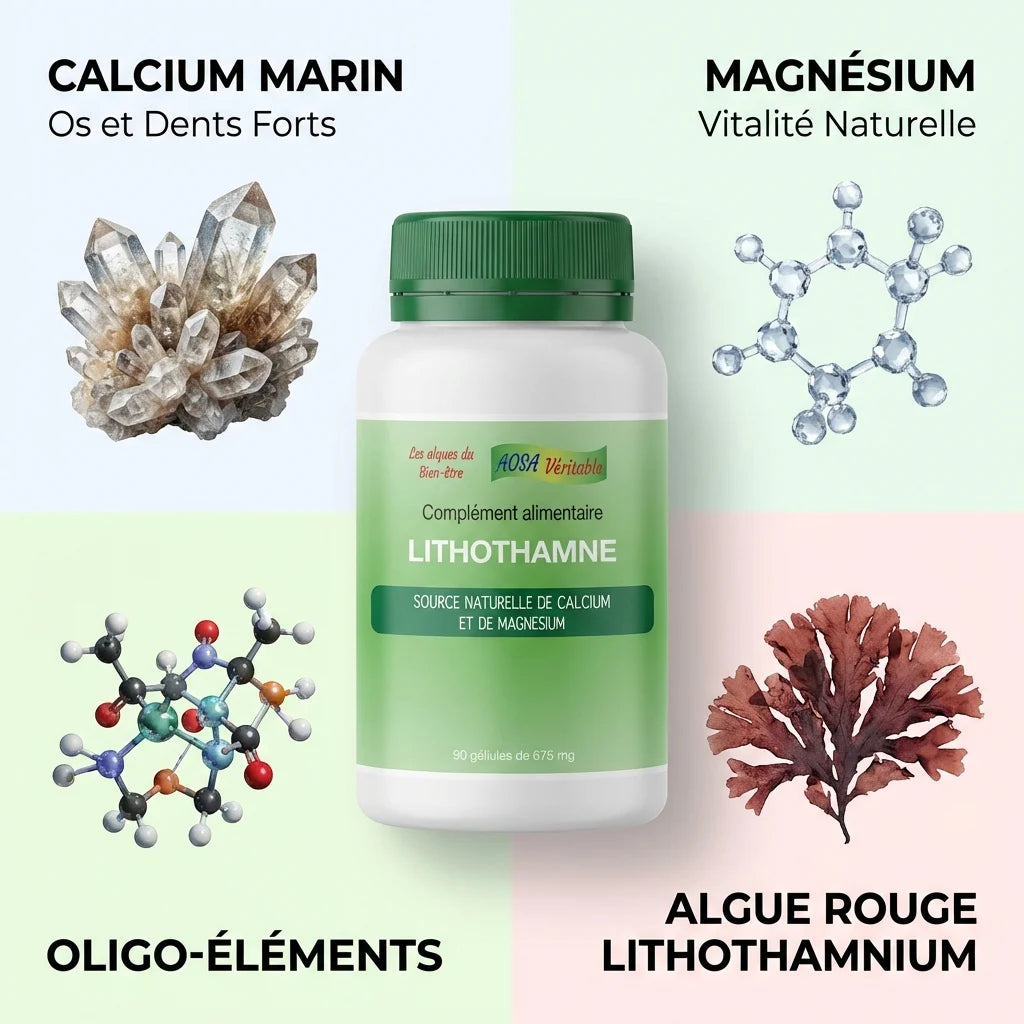 Lithothamne Aosa 90 gélules avec infographies ingrédients marins calcium magnésium algue rouge