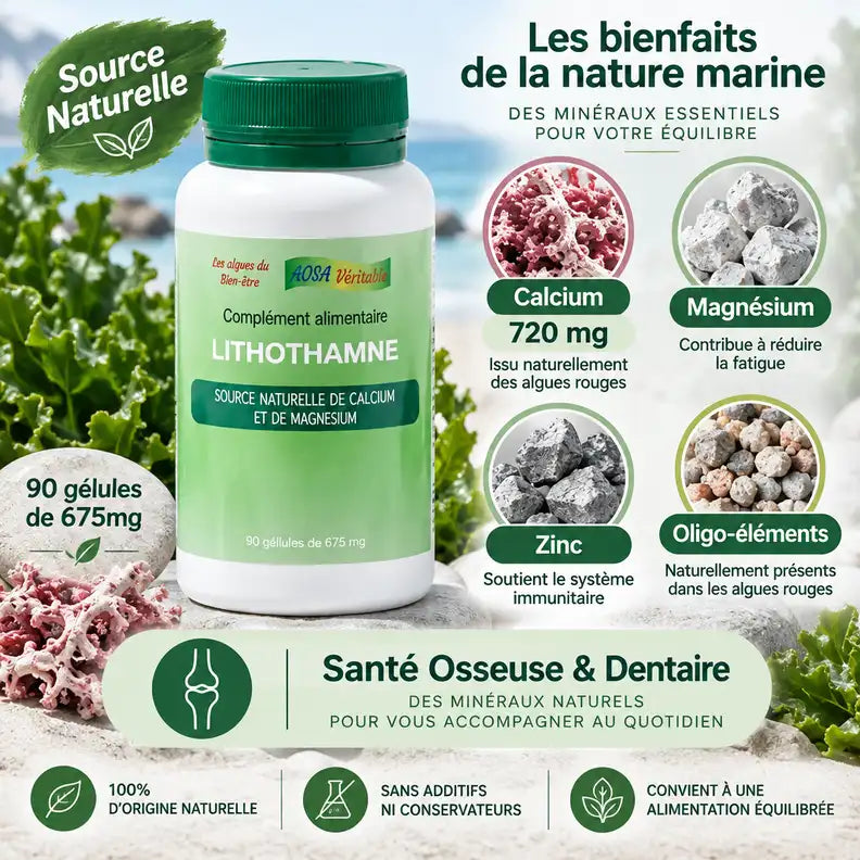 Lithothamne 90 gélules Aosa - Supplément calcium magnésium zinc pour santé osseuse
