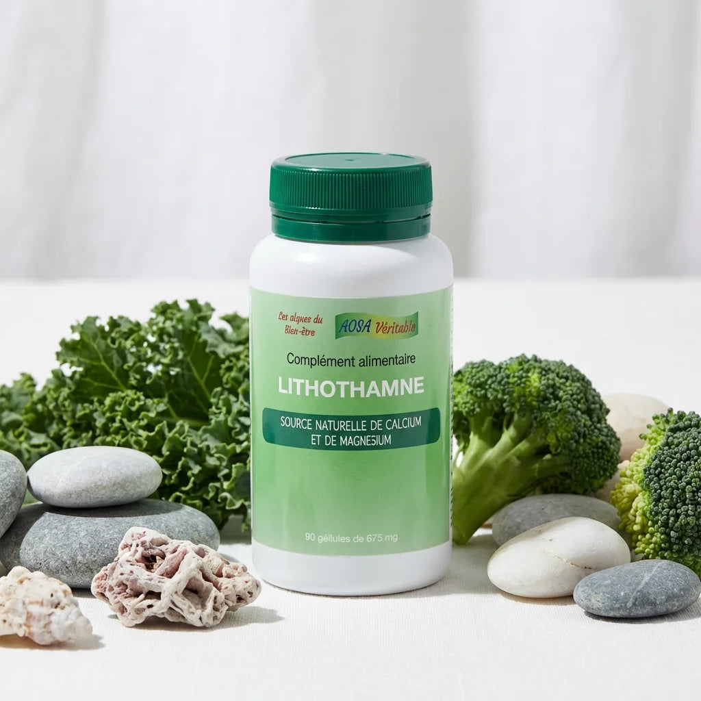 Lithothamne 90 gélules Aosa - Flacon avec cap vert sur fond blanc minimaliste