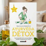 Livre Ayurvéda Détox avec herbes fraîches et huile dorée sur fond wellness