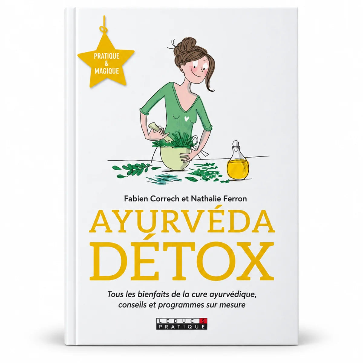 Livre Ayurvéda Détox - couverture blanche or avec femme préparant herbes détoxifiantes