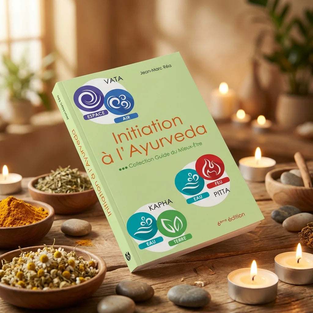 Livre Initiation à l'Ayurveda 6e édition avec symboles doshas sur surface bois et éléments ayurvédiques