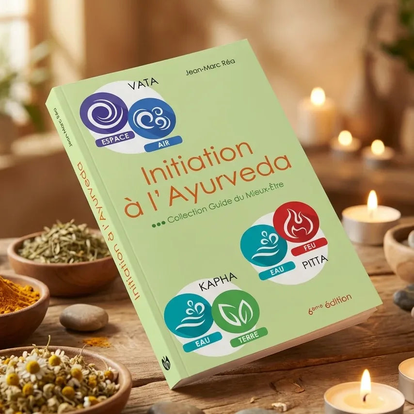 Livre Initiation à l'Ayurveda 6e édition avec symboles doshas sur surface bois et éléments ayurvédiques
