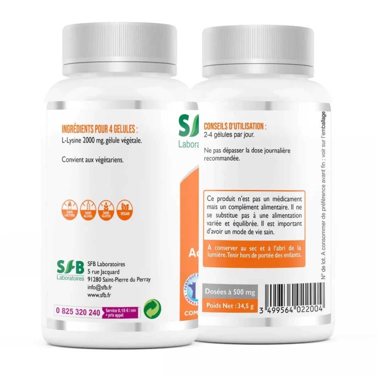Valeurs nutritionnelles et ingrédients de la L-lysine 200mg.