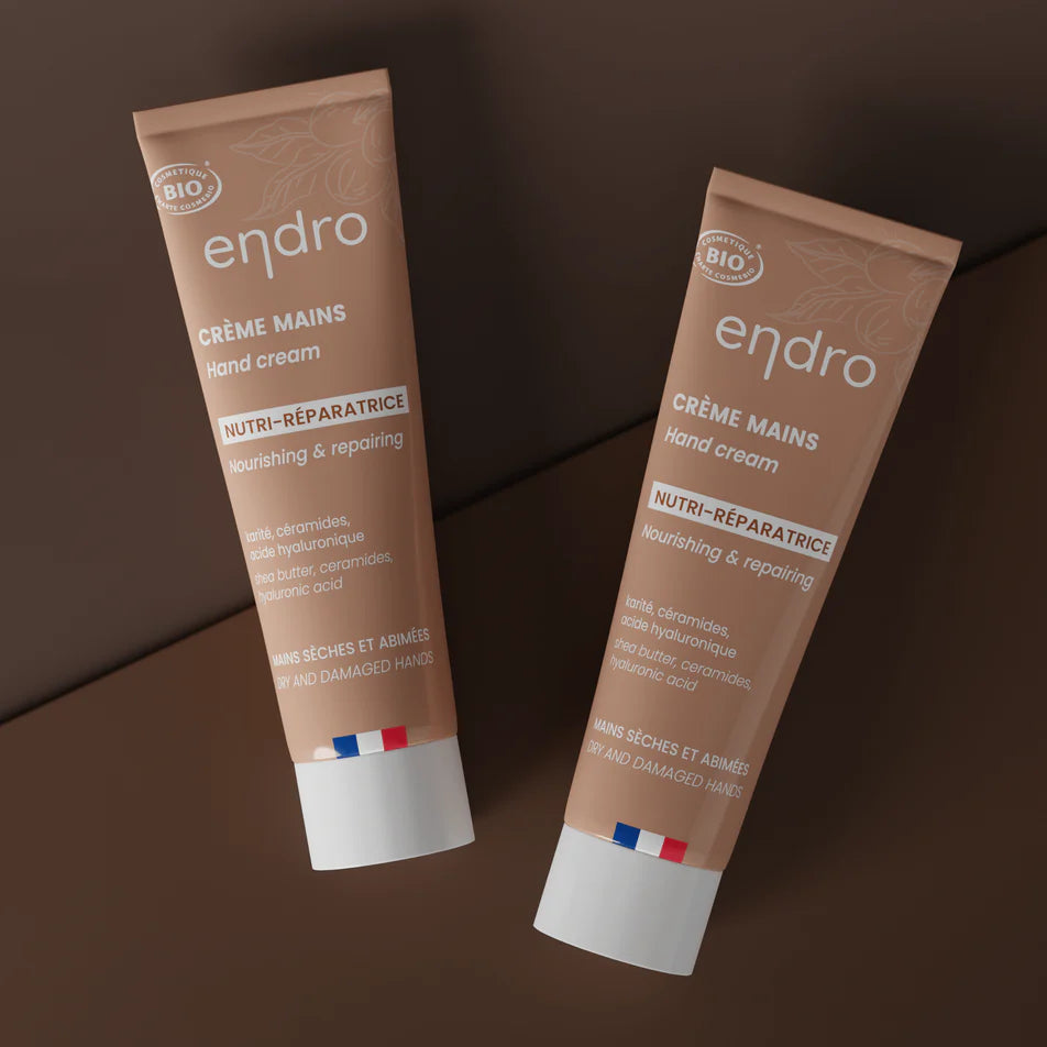 2  crèmes mains nutri-réparatrices de 50 ml de la marque Endro posées côte à côte