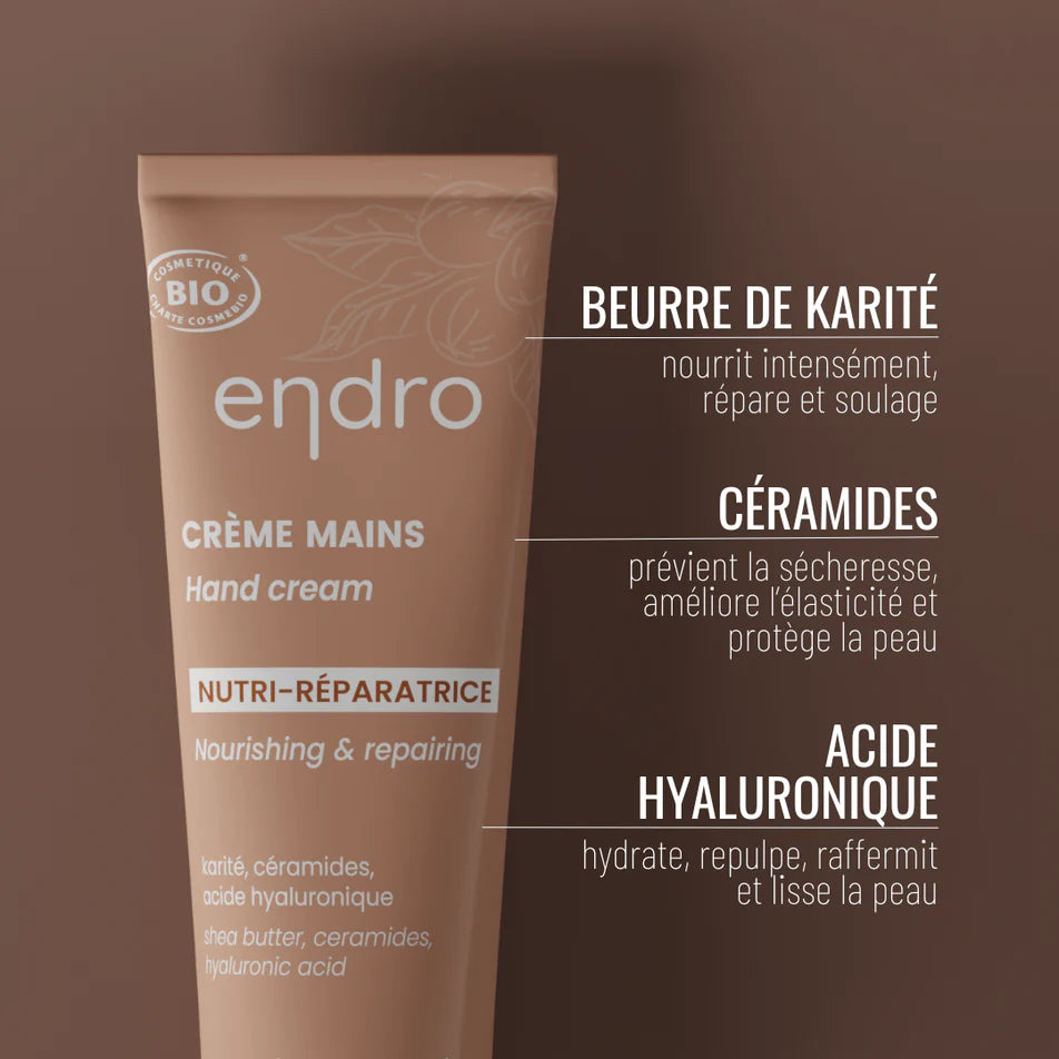 Les bienfaits des ingrédients contenus dans la crème mains nutri-réparatrice de 50 ml de la marque Endro