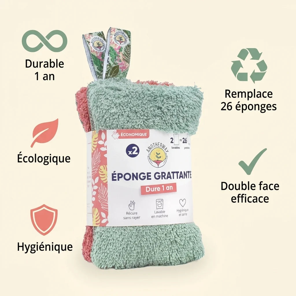 Lot de 2 éponges lavables Anotherway avec infographie des 5 bénéfices écologiques et durables
