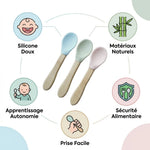 Cuillères bébé bambou silicone pastel - Set 3 pièces avec bénéfices Cap Bambou