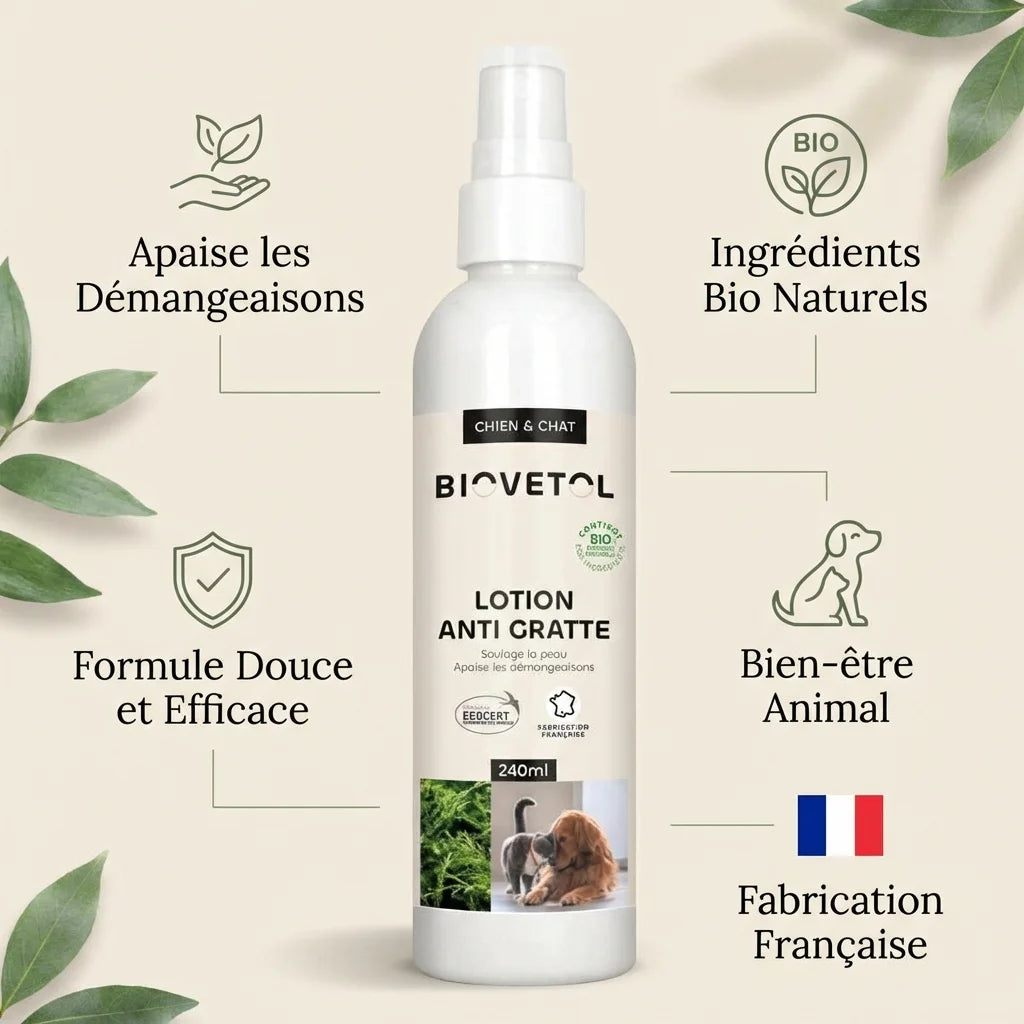 Lotion anti-gratte Biovetol 240ml avec infographie des 5 bénéfices apaisants pour animaux