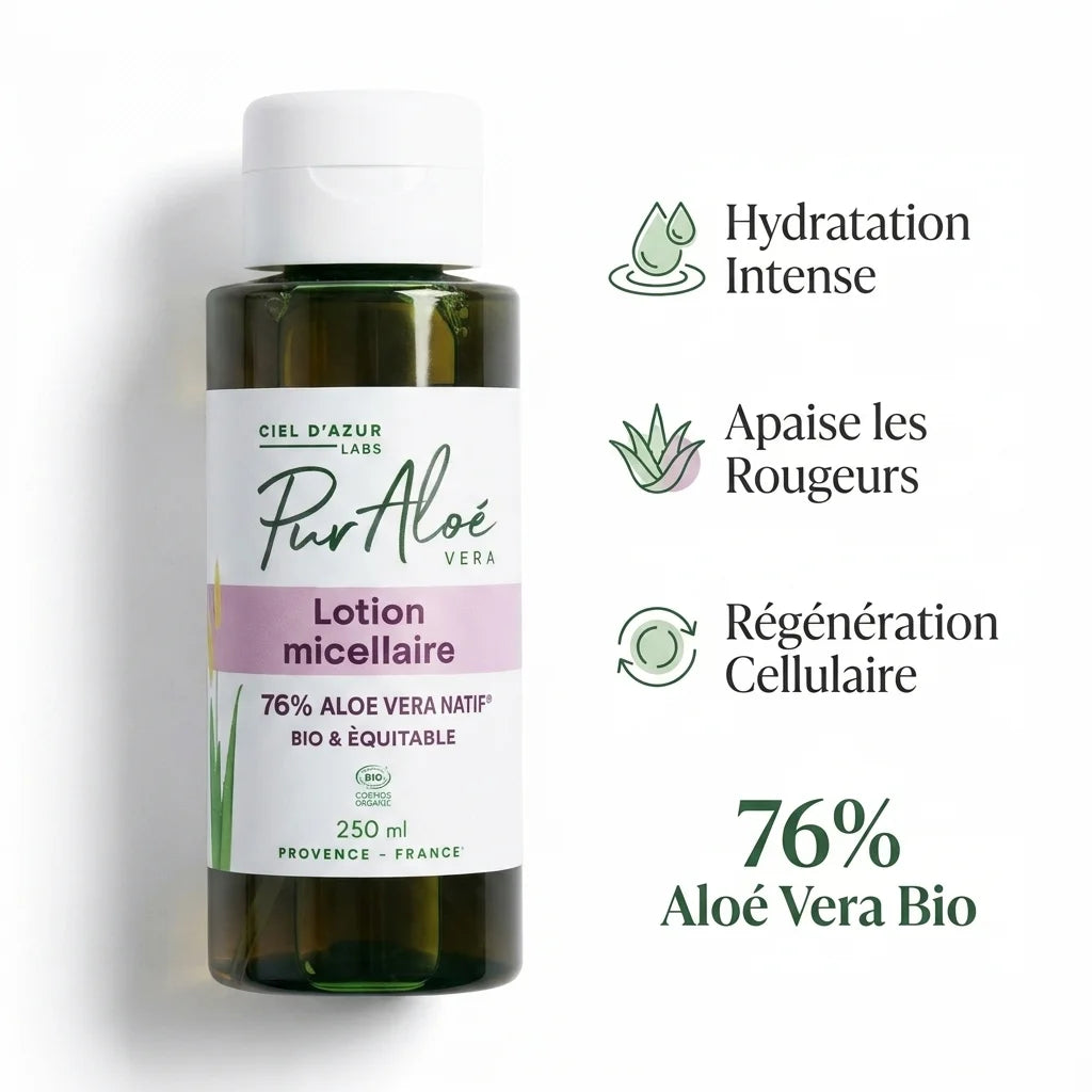Lotion Micellaire Bio Pur'Aloé 76% avec bénéfices : hydratation, apaisement rougeurs, régénération