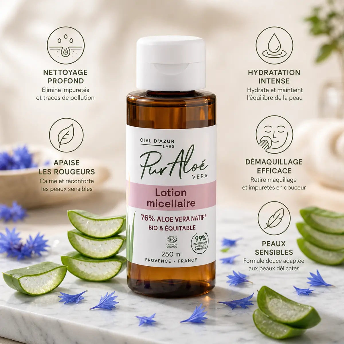 Lotion Micellaire Bio Pur'Aloé 250ml avec 76% Aloe Vera, bénéfices et ingrédients naturels