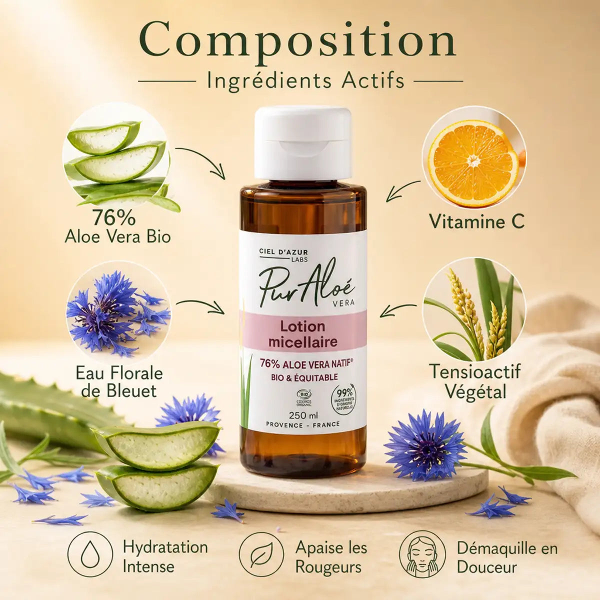 Lotion Micellaire Bio Pur'Aloé 76% Aloe Vera avec ingrédients actifs et composition détaillée