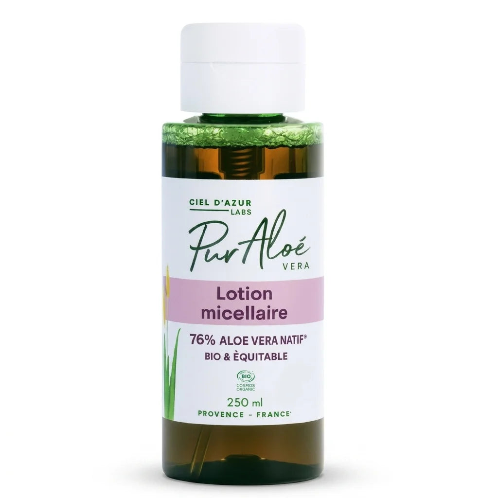 Lotion micellaire bio Pur'Aloé 250ml avec 76% aloé vera en flacon verre ambré