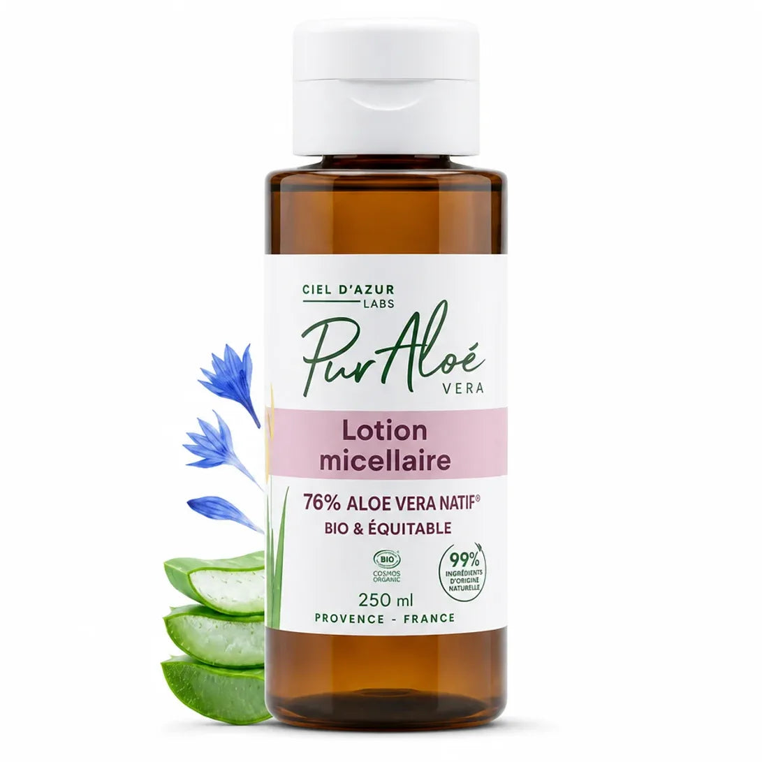Lotion Micellaire Bio Pur'Aloé 250ml à 76% Aloé Vera, flacon verre ambré avec étiquette rose