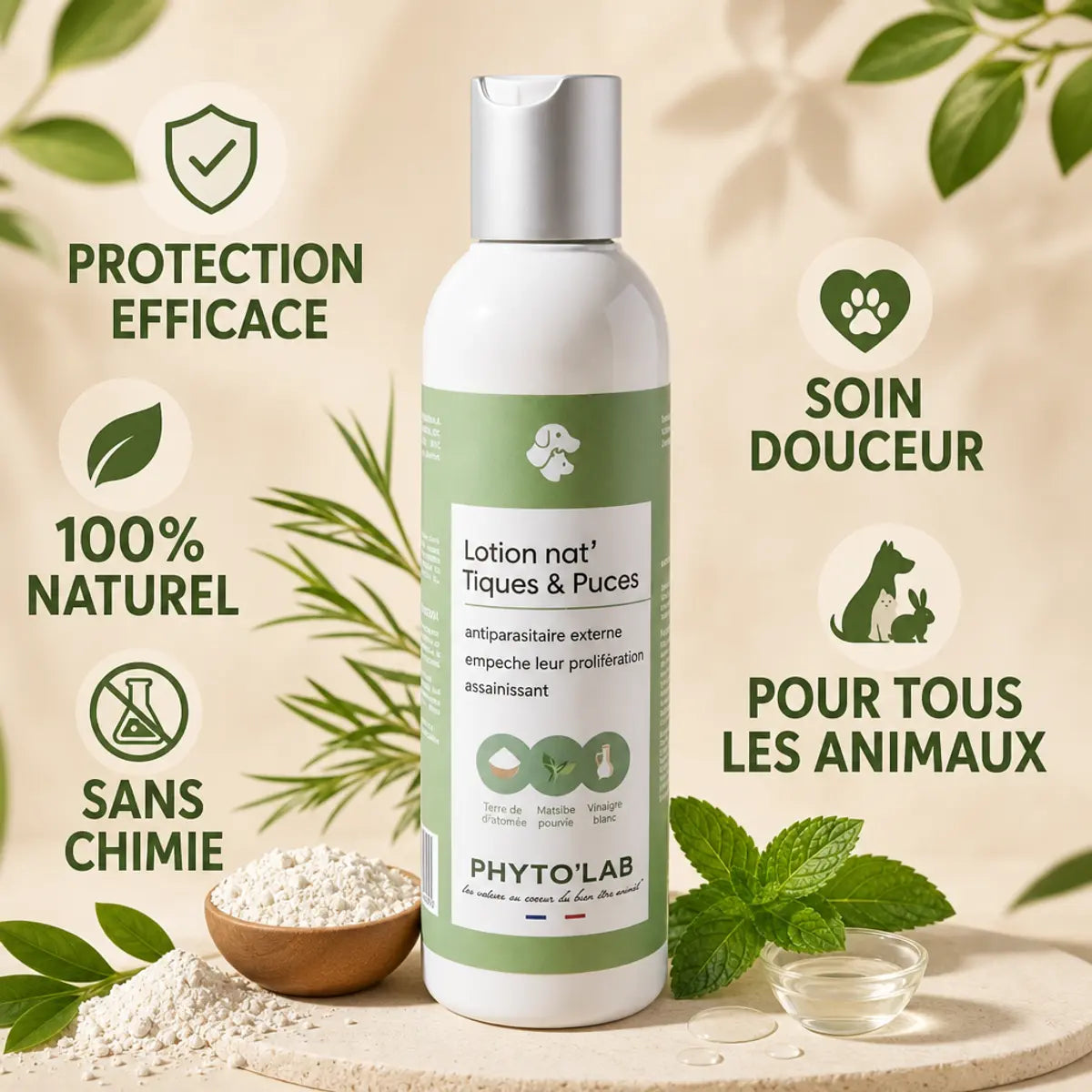 Lotion naturelle anti-tiques et puces chien chat 250ml Phyto'Lab sans chimie