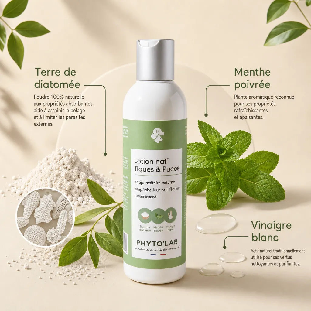Lotion Nat'Tiques & Puces Phyto'Lab avec ingrédients naturels : terre de diatomée, menthe poivrée, vinaigre blanc