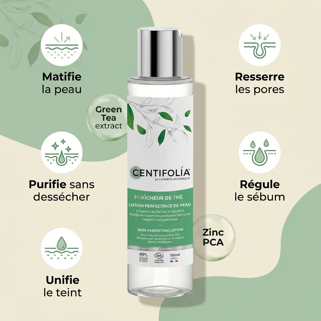 Lotion Perfectrice de Peau Centifolia 150ml avec bénéfices : matifie, resserre pores, purifie