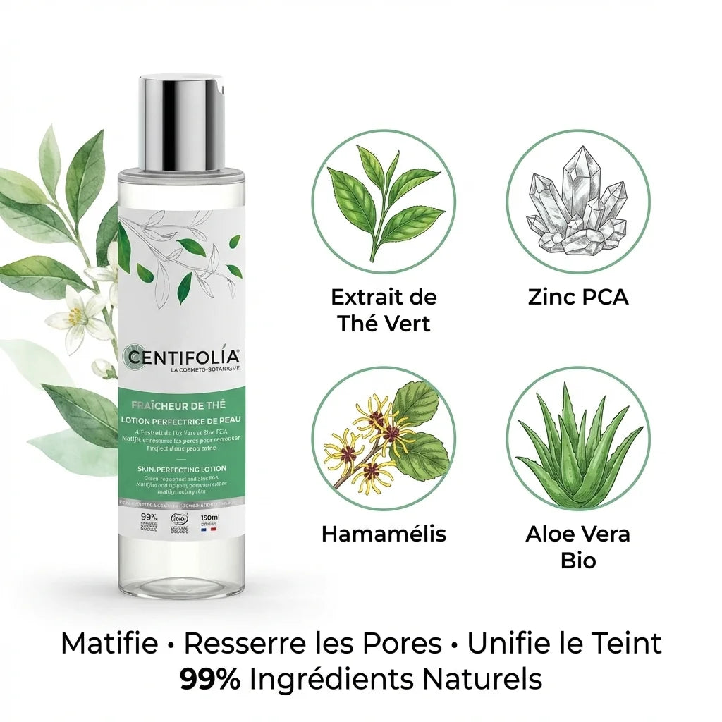 Lotion Perfectrice Centifolia 150ml avec ingrédients naturels: thé vert, zinc, hamamélis, aloe vera
