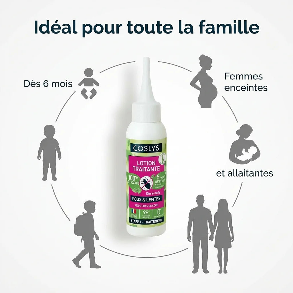 Lotion traitante poux Bio Coslys 100ml, flacon blanc avec applicateur, idéale famille dès 6 mois