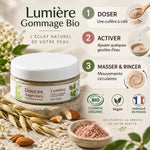 Lumière Gommage Bio 50g Douces Angevines - pot blanc avec guide d'utilisation et ingrédients naturels