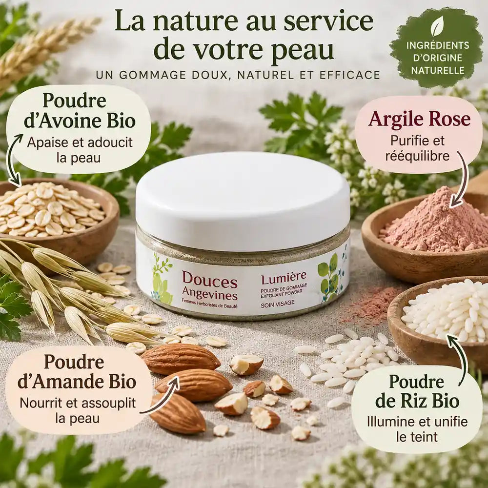 Lumière Gommage Bio 50g Douces Angevines avec ingrédients biologiques avoine amande riz argile rose