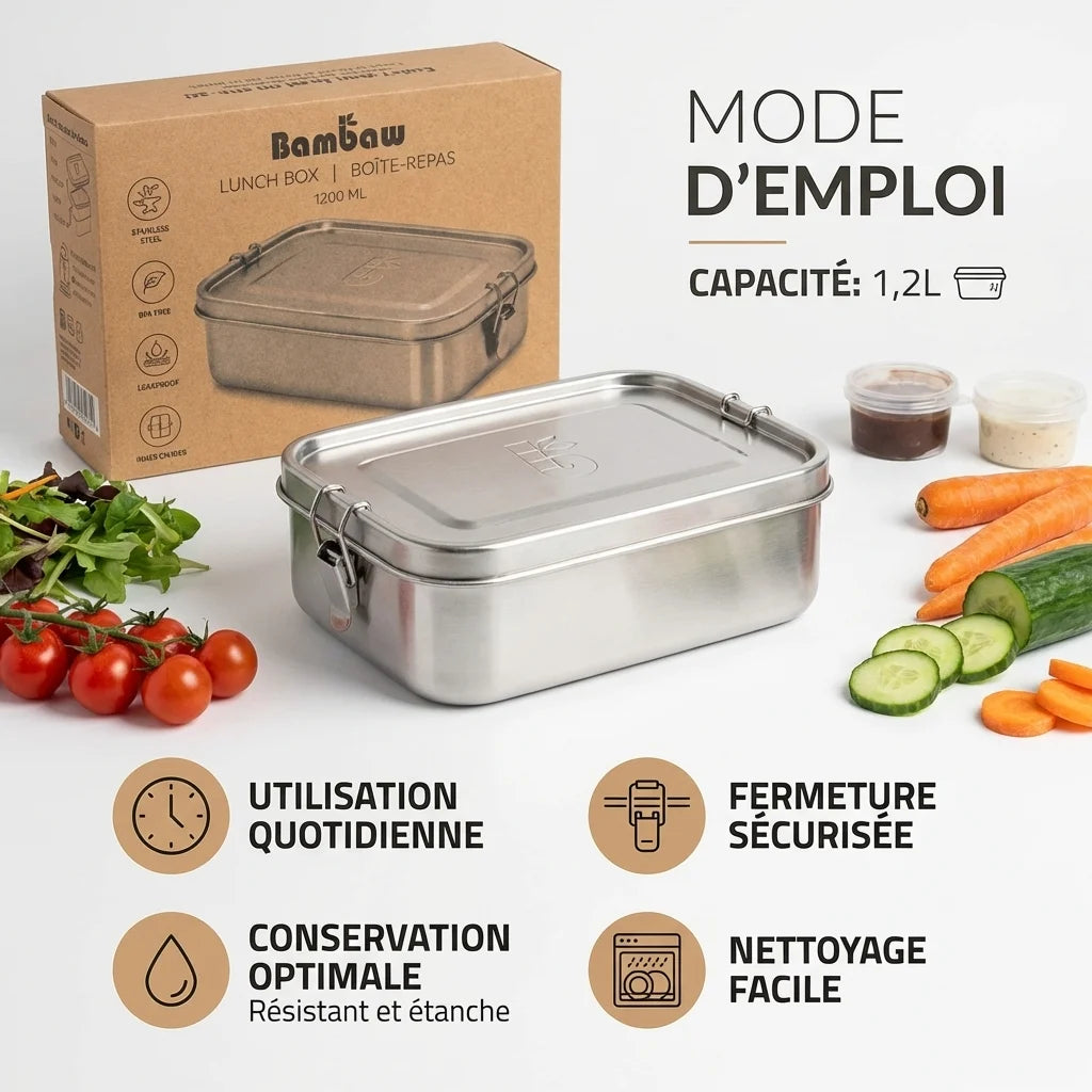 Lunch box Bambaw 1,2L couvercle métal avec mode d'emploi et conseils de conservation