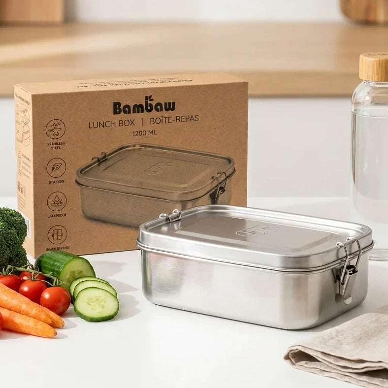Lunch box métal 1,2L Bambaw avec couvercle sur bureau avec légumes frais