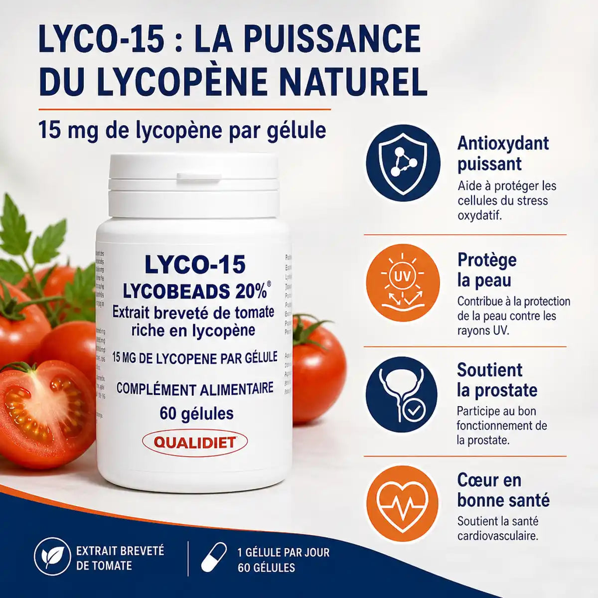 Lyco-15 60 gélules lycopène 15 mg Qualidiet avec bénéfices antioxydant peau prostate cœur