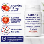 Lyco-15 flacon lycopène 15mg avec infographie ingrédients et logo Qualidiet