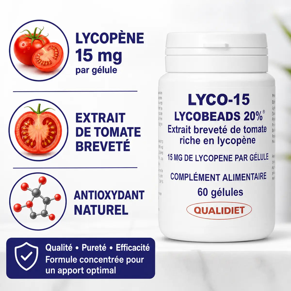Lyco-15 flacon lycopène 15mg avec infographie ingrédients et logo Qualidiet