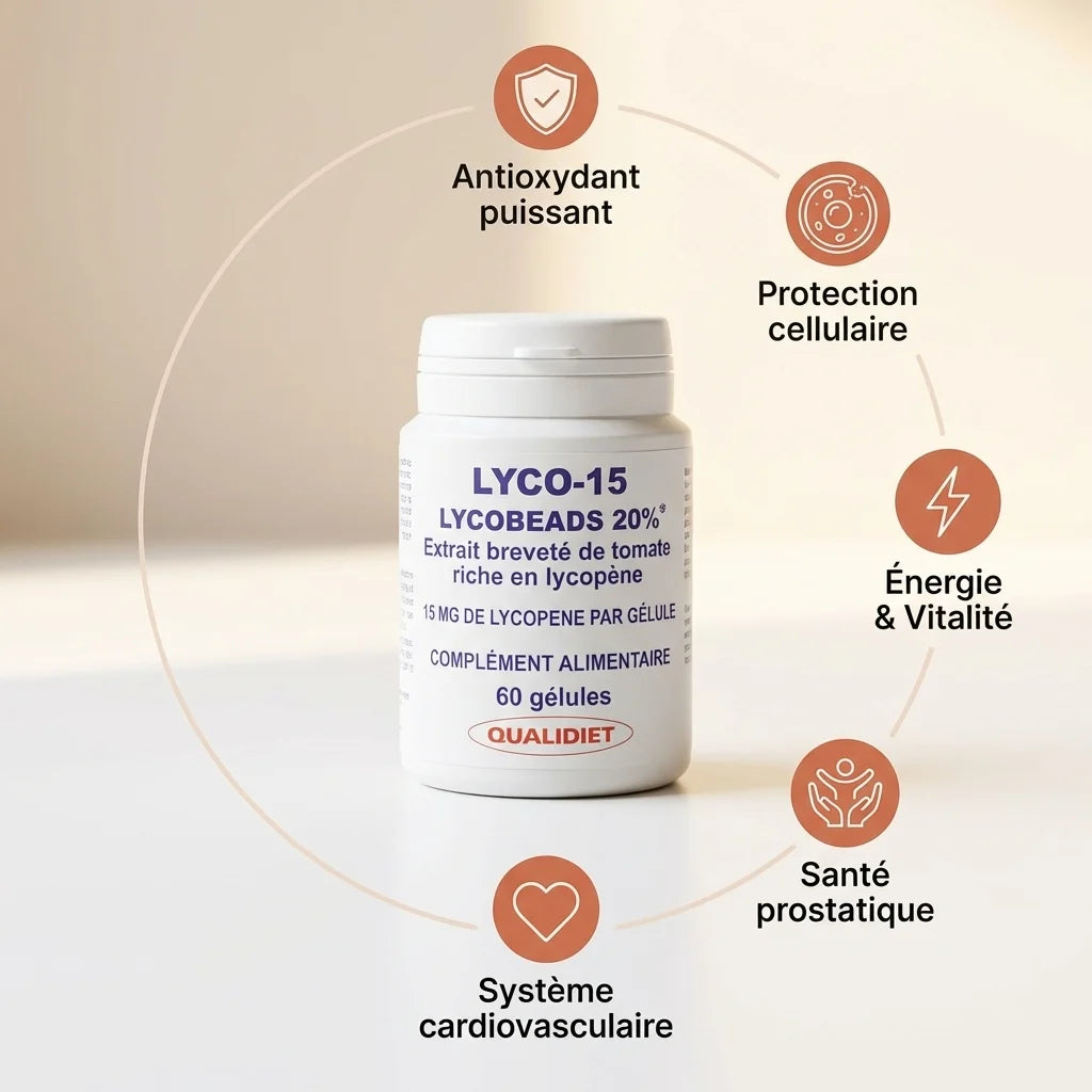 Lyco-15 60 gélules lycopène 15mg avec icônes bénéfices antioxydant protection cellulaire santé prostatique