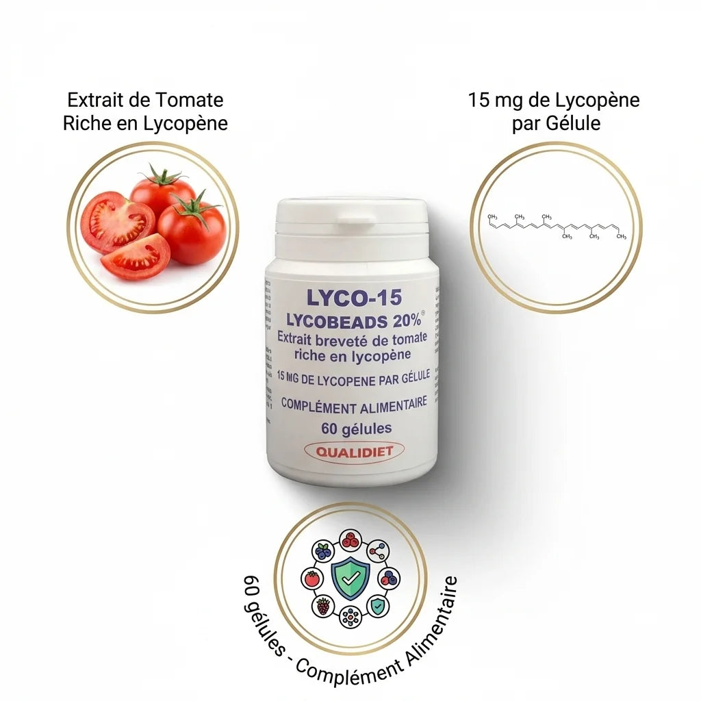 Lyco-15 flacon de 60 gélules de lycopène 15 mg avec tomate et structure moléculaire