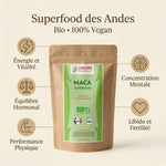 Maca bio en poudre 150g Graine Sauvage avec infographie des bénéfices : énergie, équilibre hormonal, performance physique