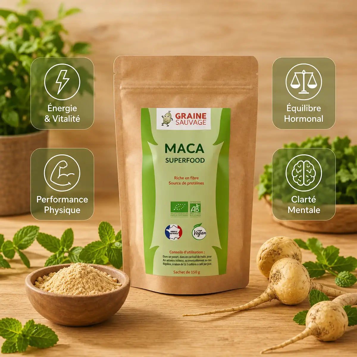 Maca bio poudre 150g Graine Sauvage avec bénéfices énergie vitalité équilibre hormonal performance physique