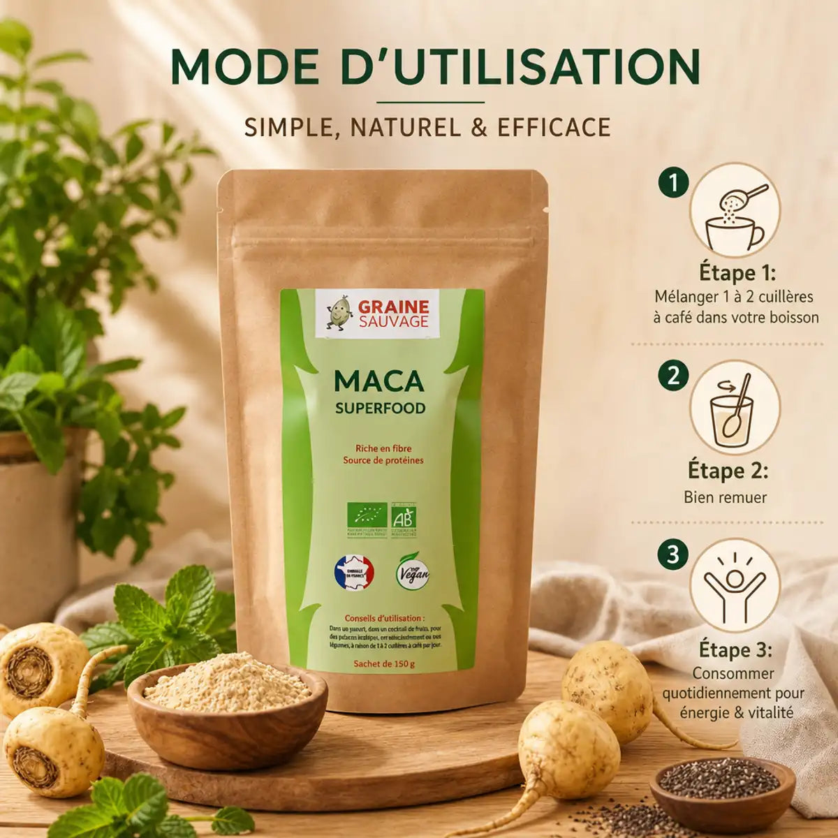 Maca bio poudre 150g Graine Sauvage avec guide d'utilisation et ingrédients naturels
