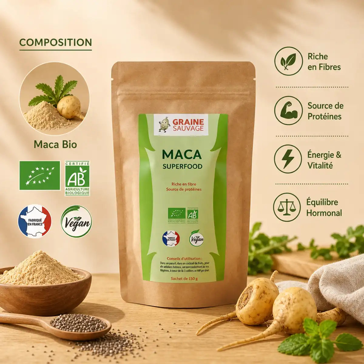 Maca bio en poudre 150g Graine Sauvage avec composition et certifications biologiques