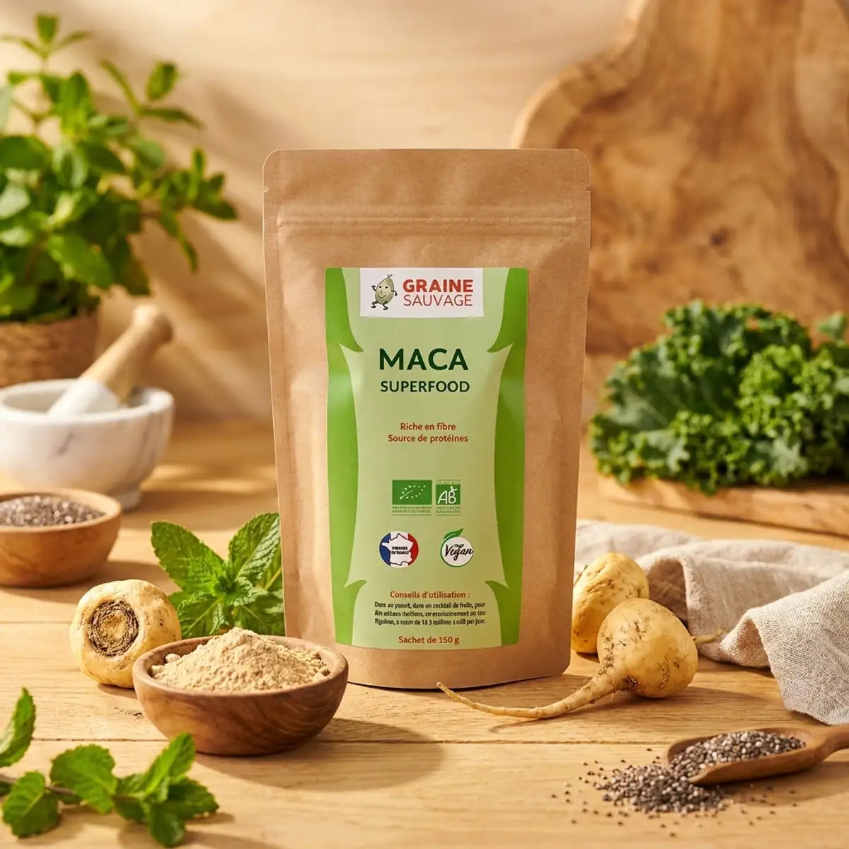 Poudre de maca bio Graine Sauvage 150g sur surface bois avec ingrédients naturels