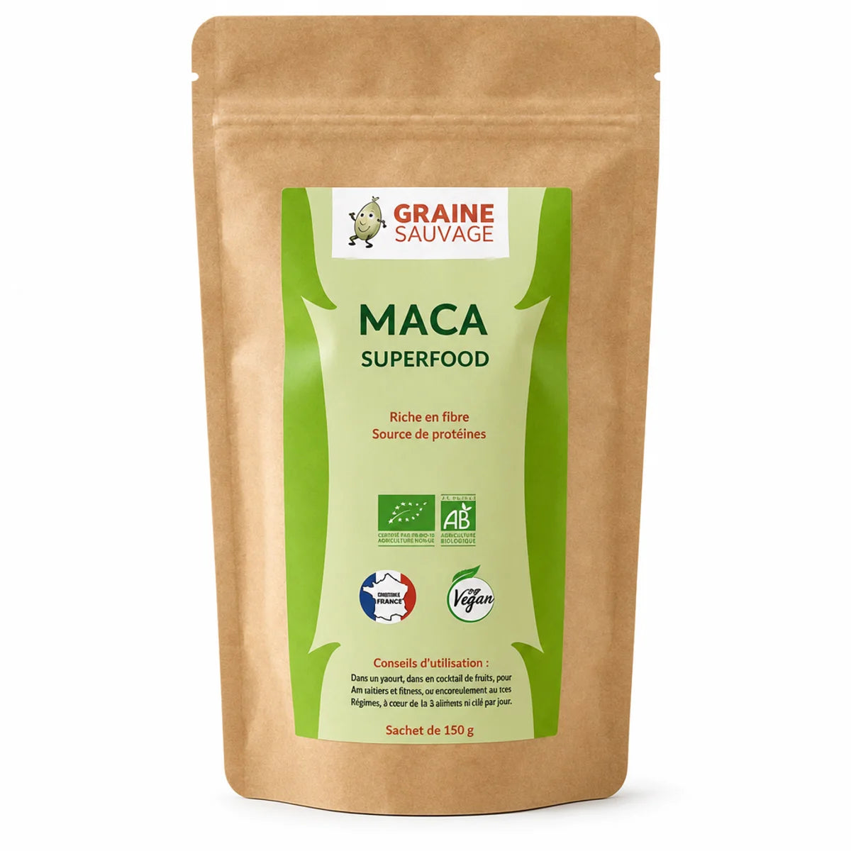 Maca bio en poudre 150g Graine Sauvage sachet kraft certification AB vegan