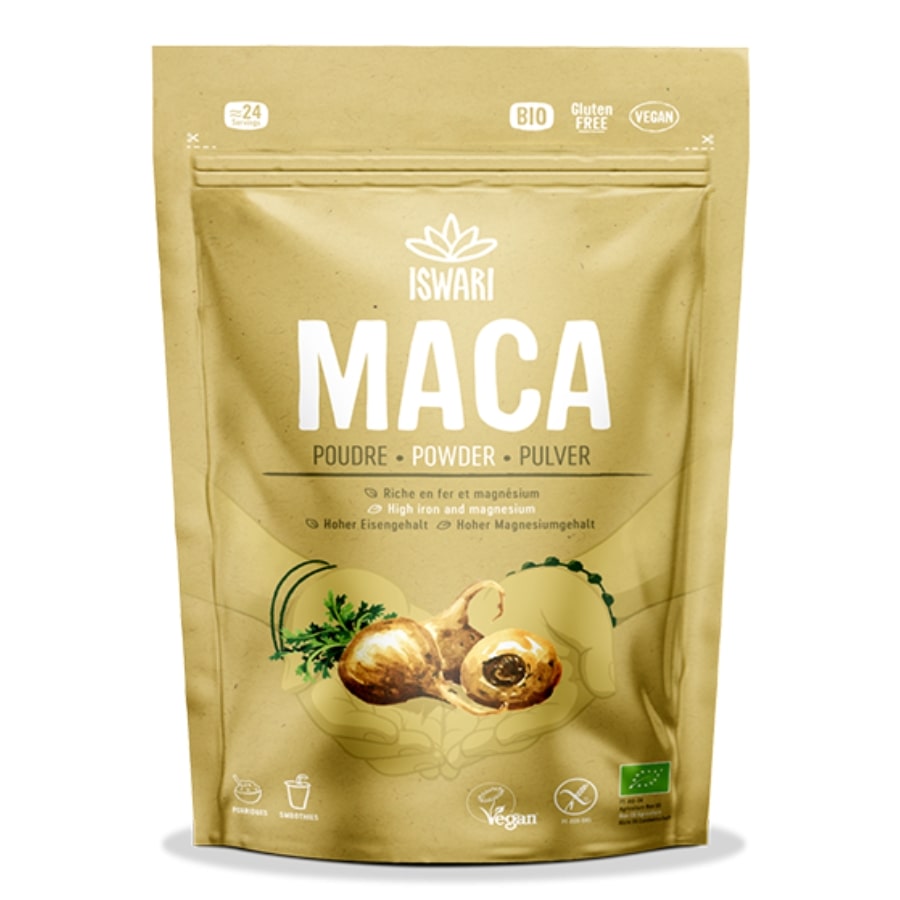 La face avant d'un paquet de 250g de Maca en poudre bio Iswari