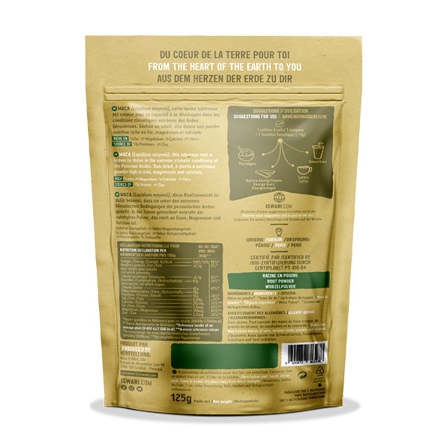 La face arrière d'un paquet de 250g de Maca en poudre bio Iswari