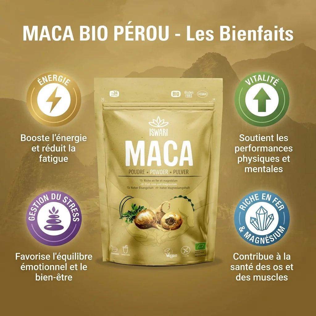 Maca poudre bio Iswari Pérou 250g avec bienfaits énergie, vitalité, stress et minéraux