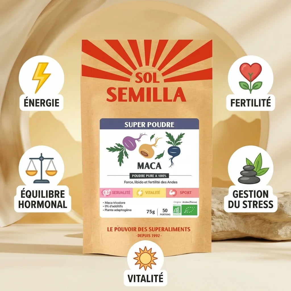 Maca Poudre Bio Sol Semilla 75g avec bénéfices: énergie, fertilité, équilibre hormonal, stress, vitalité