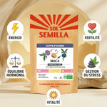 Maca Poudre Bio Sol Semilla 75g avec bénéfices: énergie, fertilité, équilibre hormonal, stress, vitalité