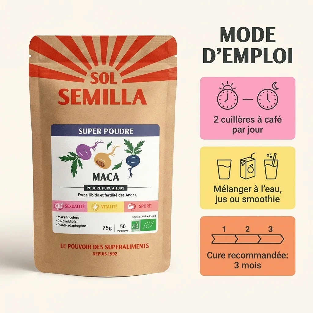 Maca Poudre Bio 75g Sol Semilla avec mode d'emploi et dosage recommandé