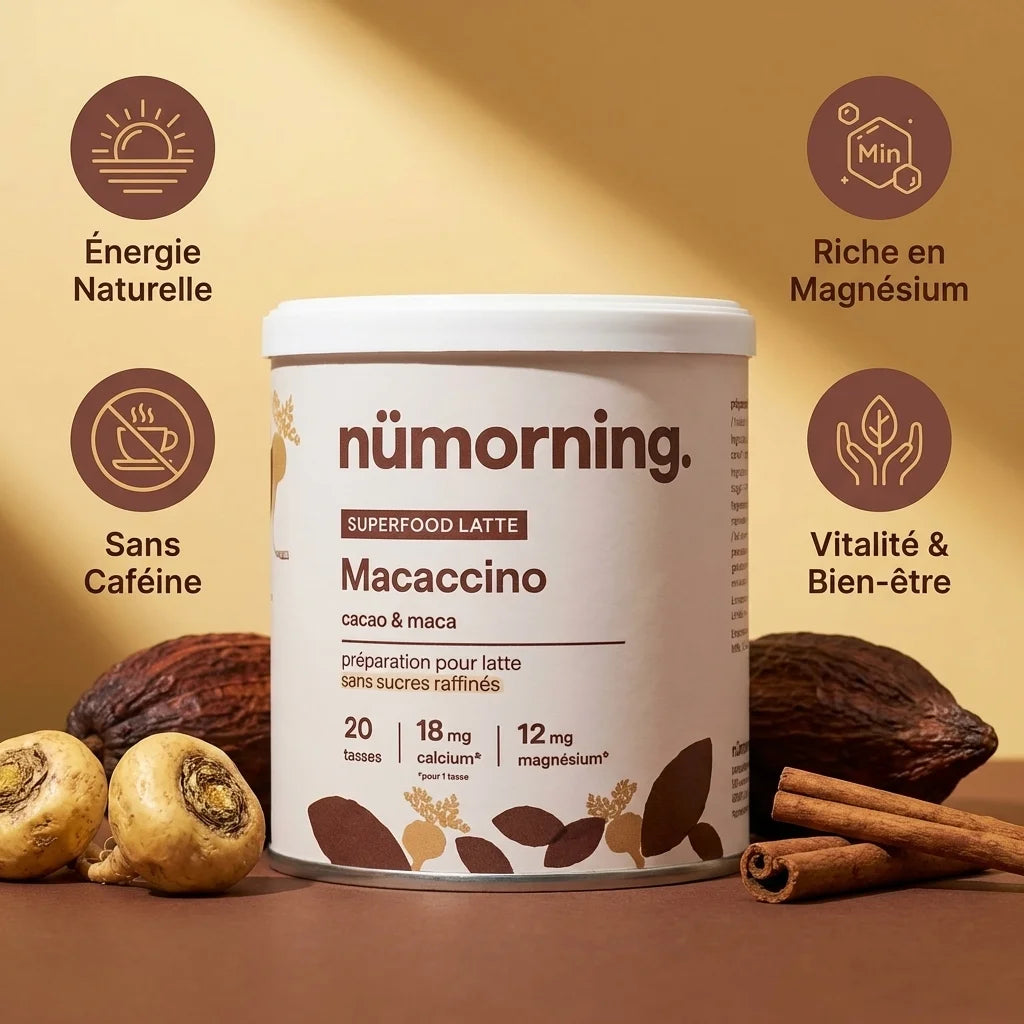 Macaccino bio nüMorning 125g avec infographie bénéfices: énergie naturelle, magnésium, sans caféine, vitalité